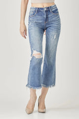 RISEN High Waist Distressed Cropped Bootcut Jeans DARK / 0