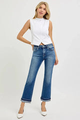 RISEN Mid Rise Ankle Straight Cuffed Jeans