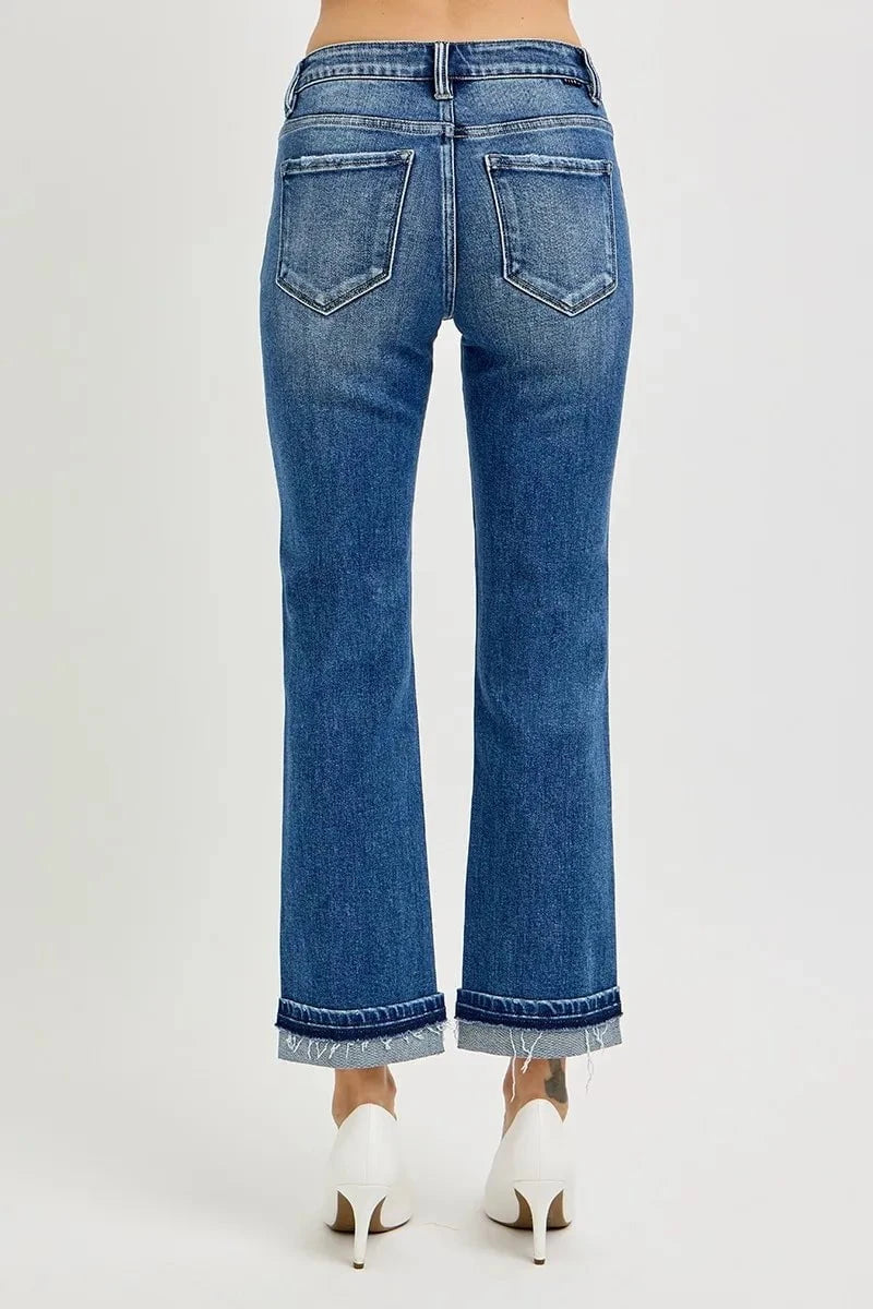RISEN Mid Rise Ankle Straight Cuffed Jeans