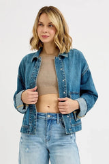 RISEN Oversized Cargo Pocket Denim Jacket with Cuffed Sleeves