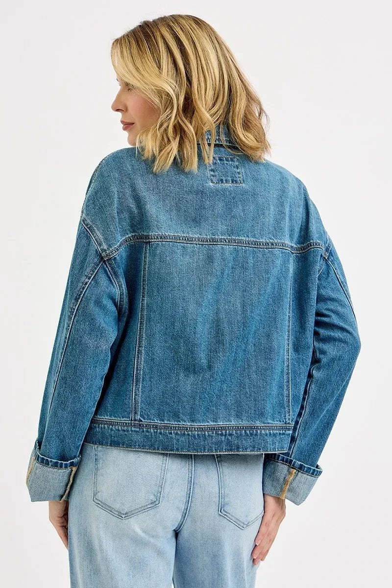 RISEN Oversized Cargo Pocket Denim Jacket with Cuffed Sleeves