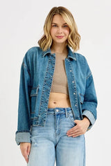 RISEN Oversized Cargo Pocket Denim Jacket with Cuffed Sleeves MEDIUM / S