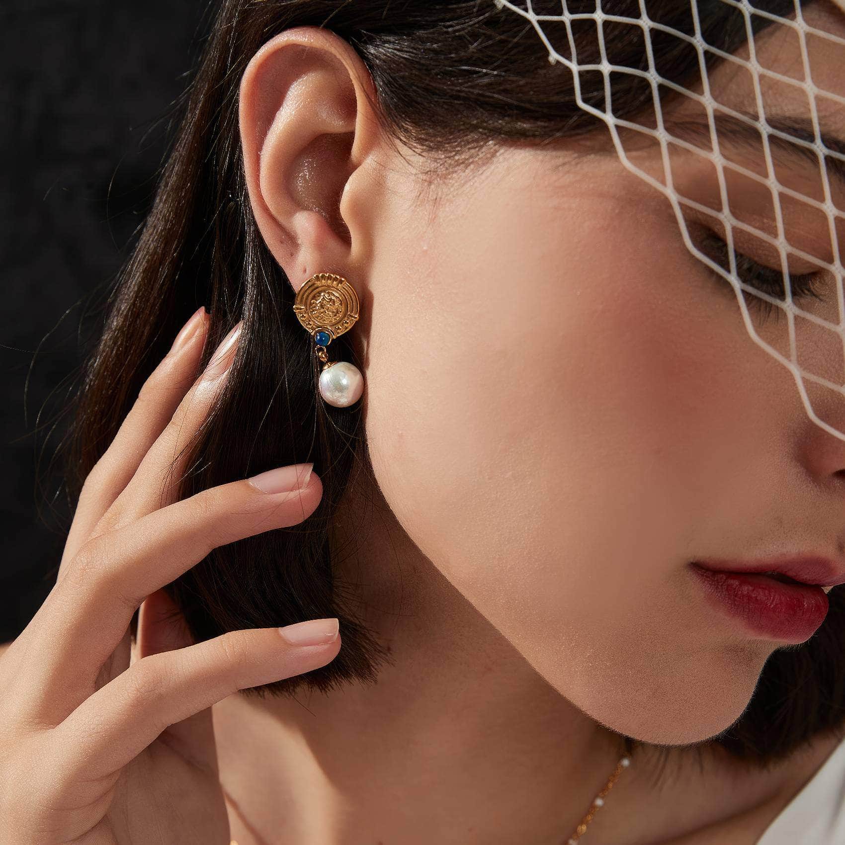 Roman Gold Accented Pearl Drop Earrings White / Clip On