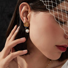 Roman Gold Accented Pearl Drop Earrings White / Clip On