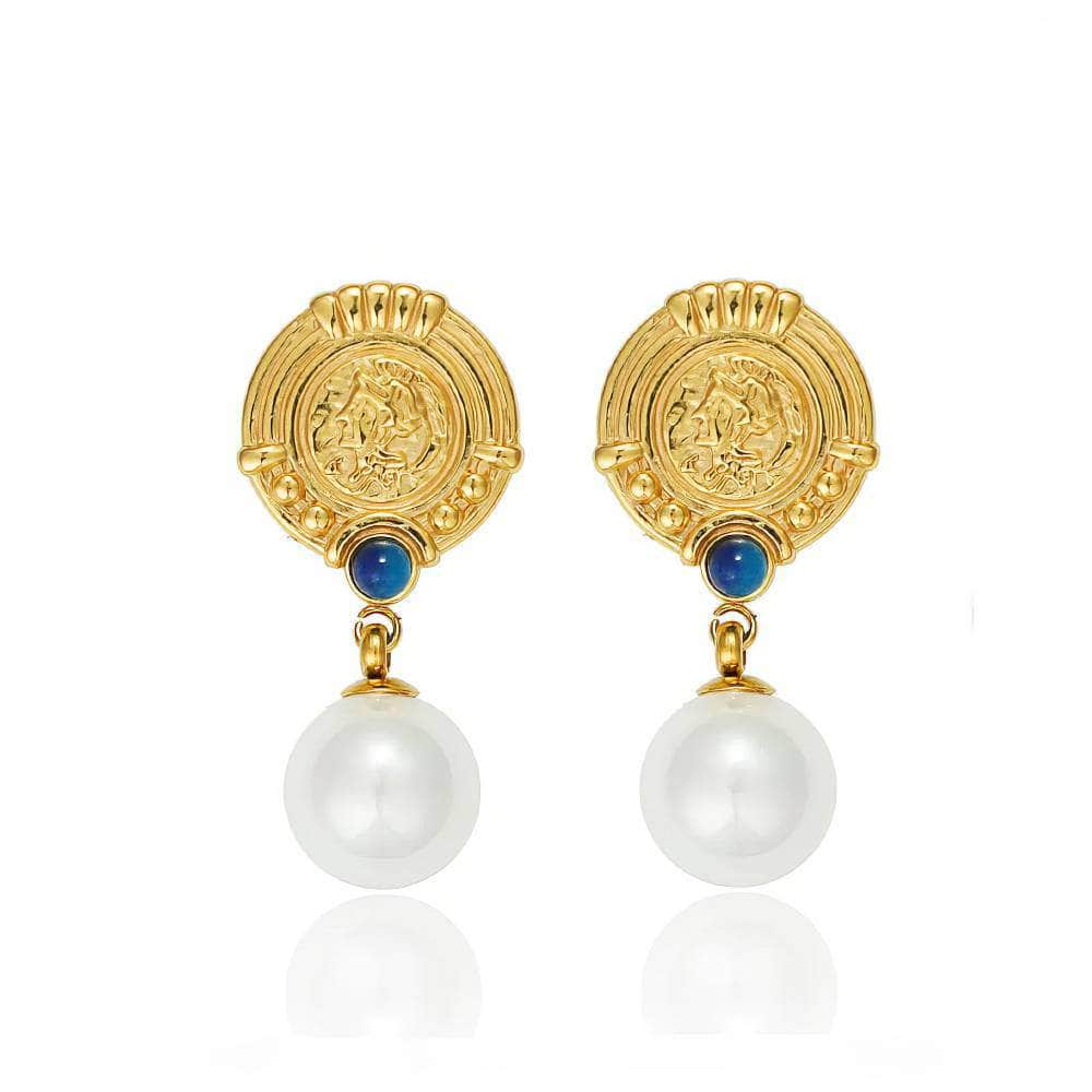 Roman Gold Accented Pearl Drop Earrings White / Clip On