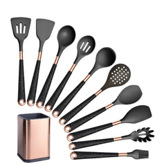 Rose Gold-Plated Handle Silicone Cooking Utensils Set - Heat Resistant Kitchen Spatula, Spoon, Non-Stick Tools with Holder Black-010-1