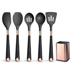 Rose Gold-Plated Silicone Cooking Utensils: Includes Heat-Resistant Spatula and Spoon Black-05-1