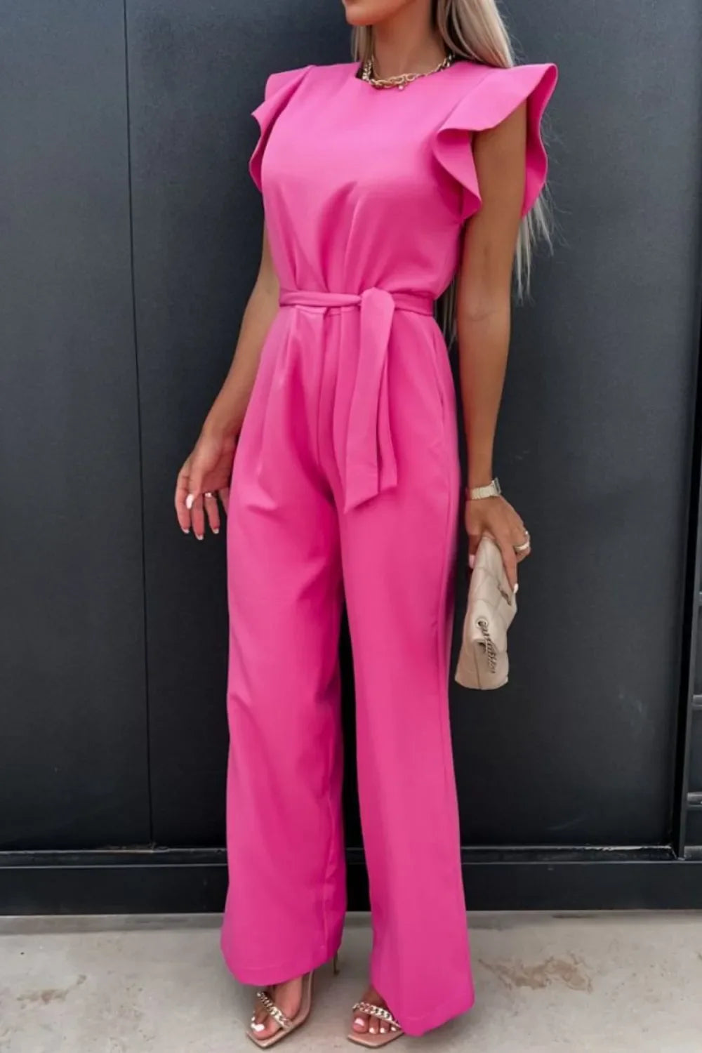 Round Neck Cap Sleeve Jumpsuit Pink / S