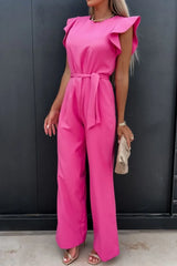 Round Neck Cap Sleeve Jumpsuit Pink / S