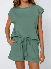 Round Neck Cap Sleeve Top and Shorts Set Air Force Blue / S