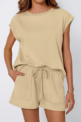 Round Neck Cap Sleeve Top and Shorts Set Khaki / S