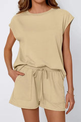 Round Neck Cap Sleeve Top and Shorts Set Khaki / S