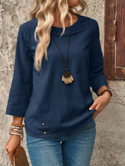 Round Neck Long Sleeve Blouse Navy Blue / S
