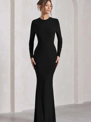 Round Neck Long Sleeve Bodycon Maxi Dress