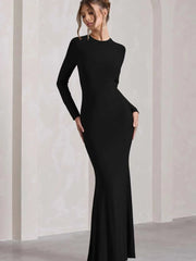 Round Neck Long Sleeve Bodycon Maxi Dress Black / XS
