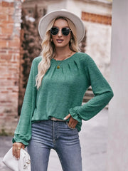 Round Neck Long Sleeve Casual T-Shirt Dark Green / S