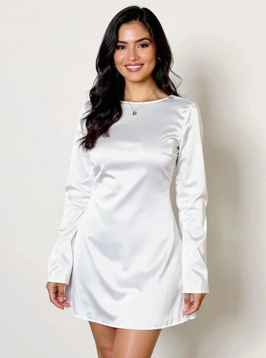 Round Neck Long Sleeve Mini Dress White / S