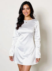 Round Neck Long Sleeve Mini Dress White / S