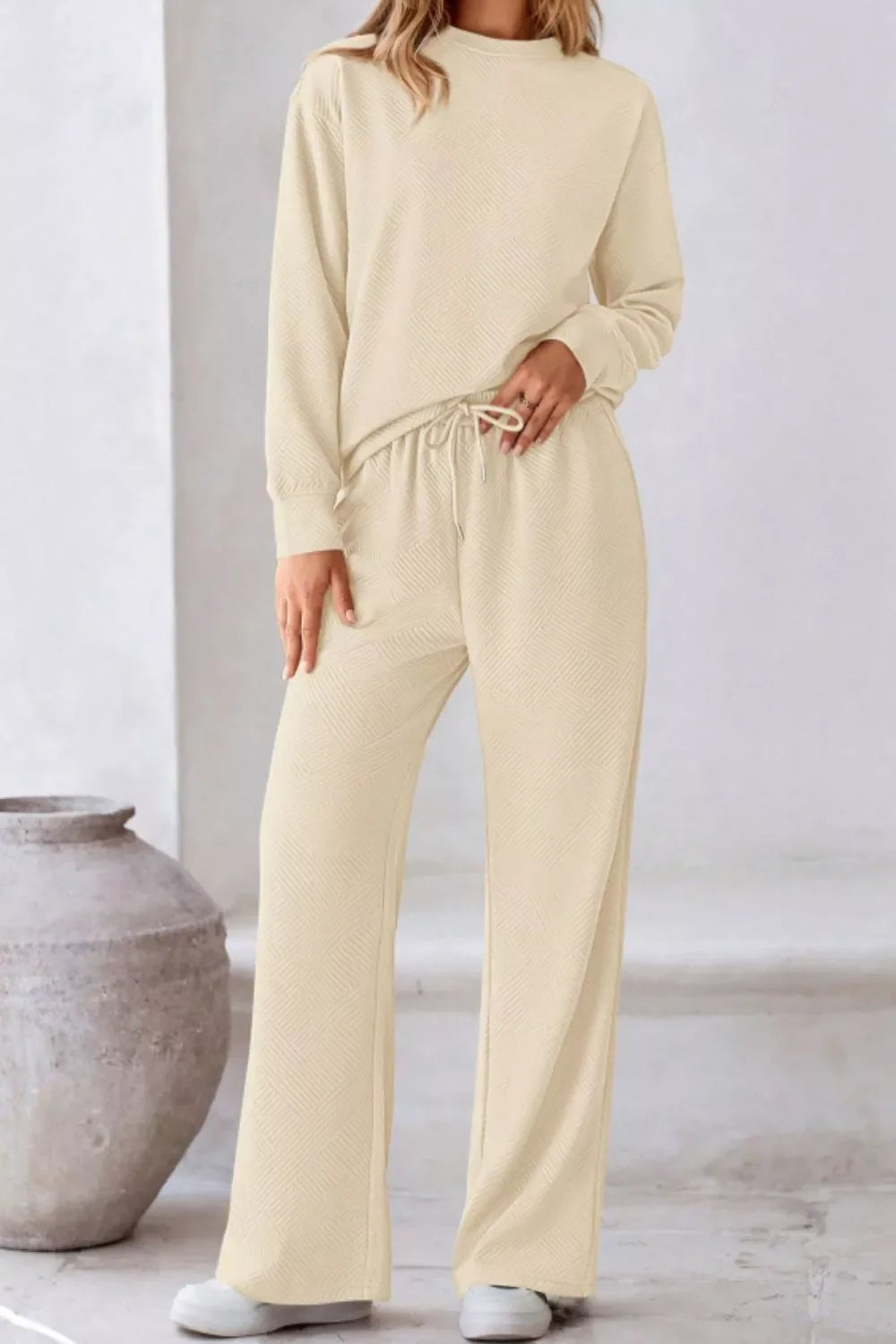 Round Neck Long Sleeve Top and Pants Set