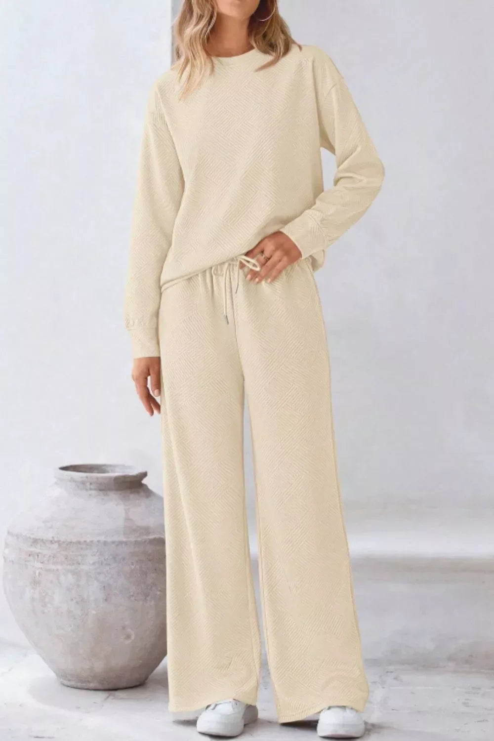 Round Neck Long Sleeve Top and Pants Set