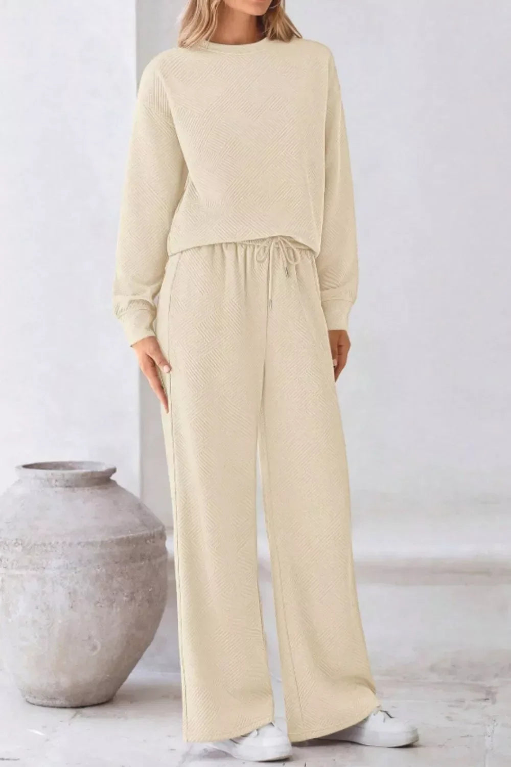 Round Neck Long Sleeve Top and Pants Set
