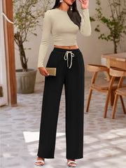 Round Neck Long Sleeve Top and Pants Set Tan / S