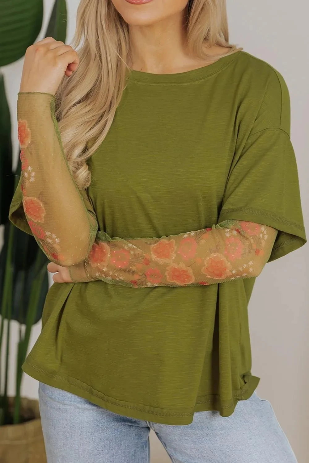 Round Neck Mesh Long Sleeve T-Shirt