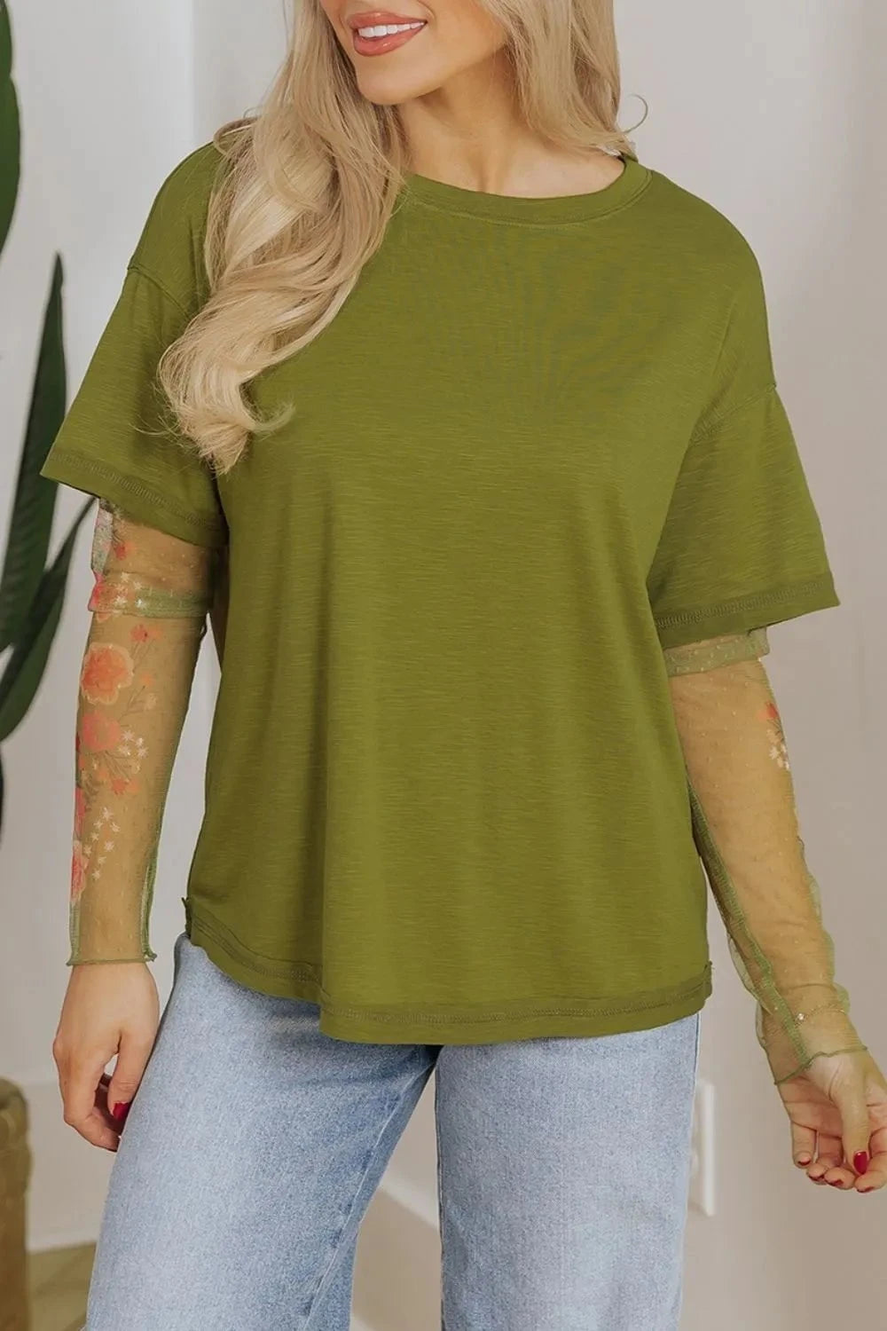 Round Neck Mesh Long Sleeve T-Shirt Matcha Green / S