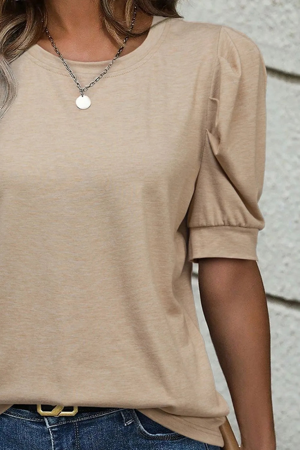 Round Neck Puff Sleeve Casual T-Shirt