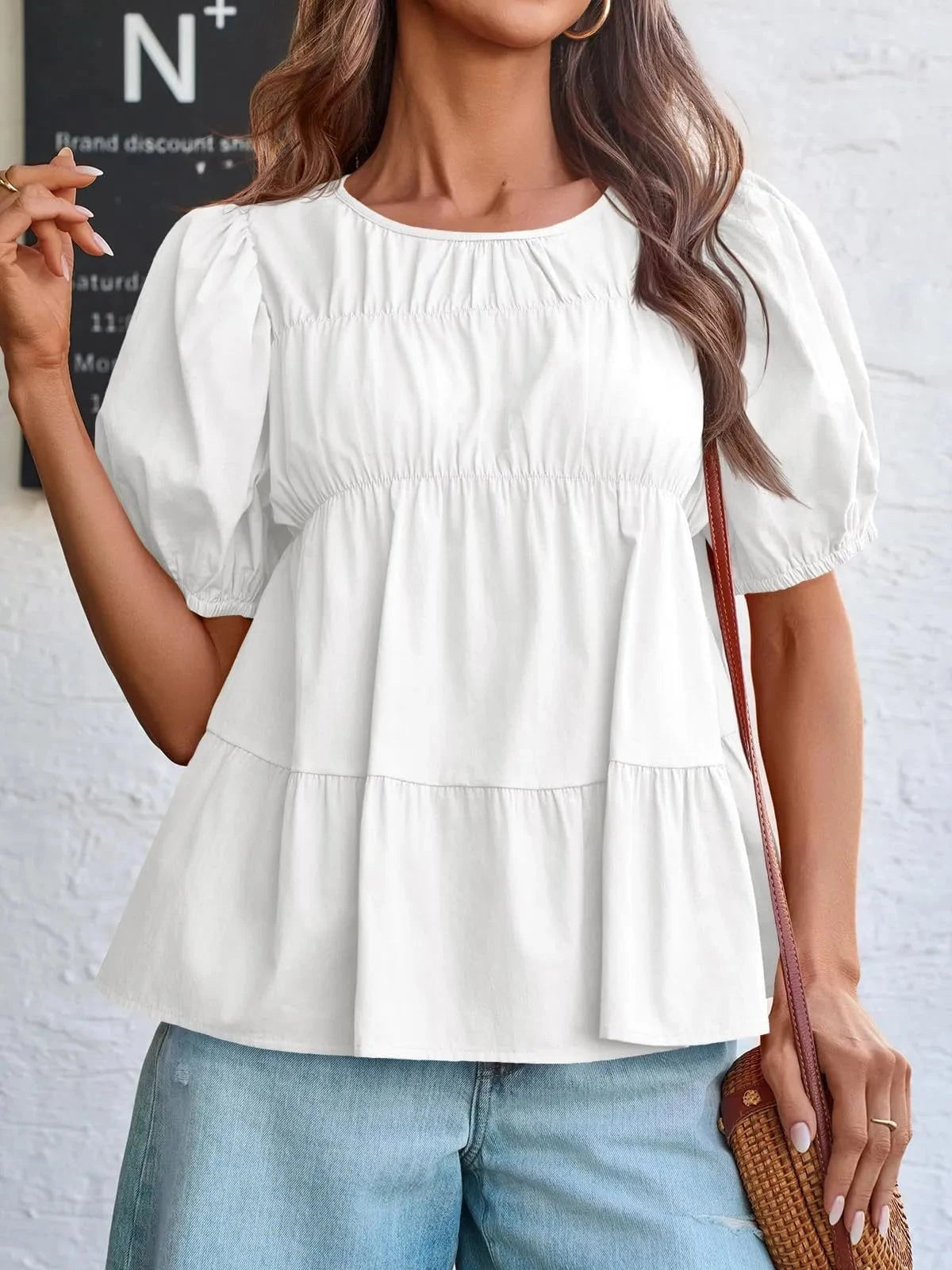 Round Neck Puff Sleeve Tiered Blouse