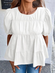 Round Neck Puff Sleeve Tiered Blouse
