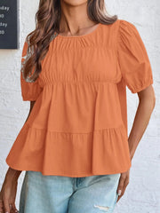 Round Neck Puff Sleeve Tiered Blouse Orange / S