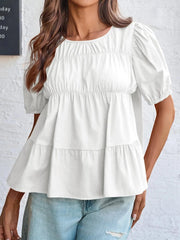 Round Neck Puff Sleeve Tiered Blouse White / S