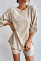 Round Neck Ribbed Top and Shorts Lounge Set Sand / S