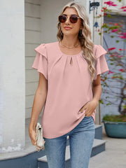 Round Neck Ruffled Layered Sleeve Blouse