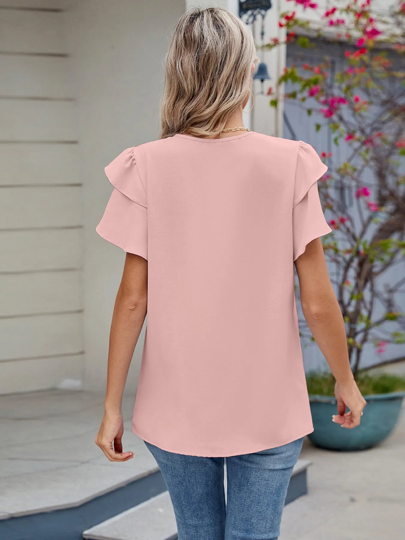 Round Neck Ruffled Layered Sleeve Blouse