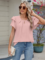 Round Neck Ruffled Layered Sleeve Blouse Dusty Pink / S