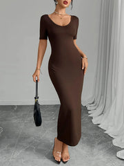 Round Neck Short Sleeve Bodycon Midi Dress