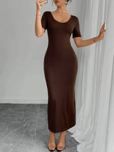 Round Neck Short Sleeve Bodycon Midi Dress Chocolate / S