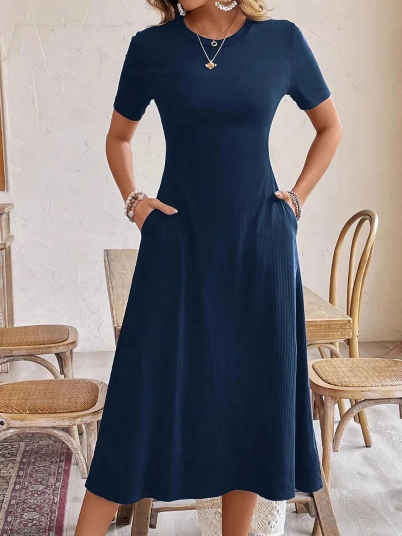 Round Neck Short Sleeve Dress with Pockets