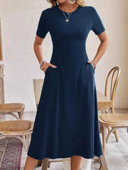 Round Neck Short Sleeve Dress with Pockets