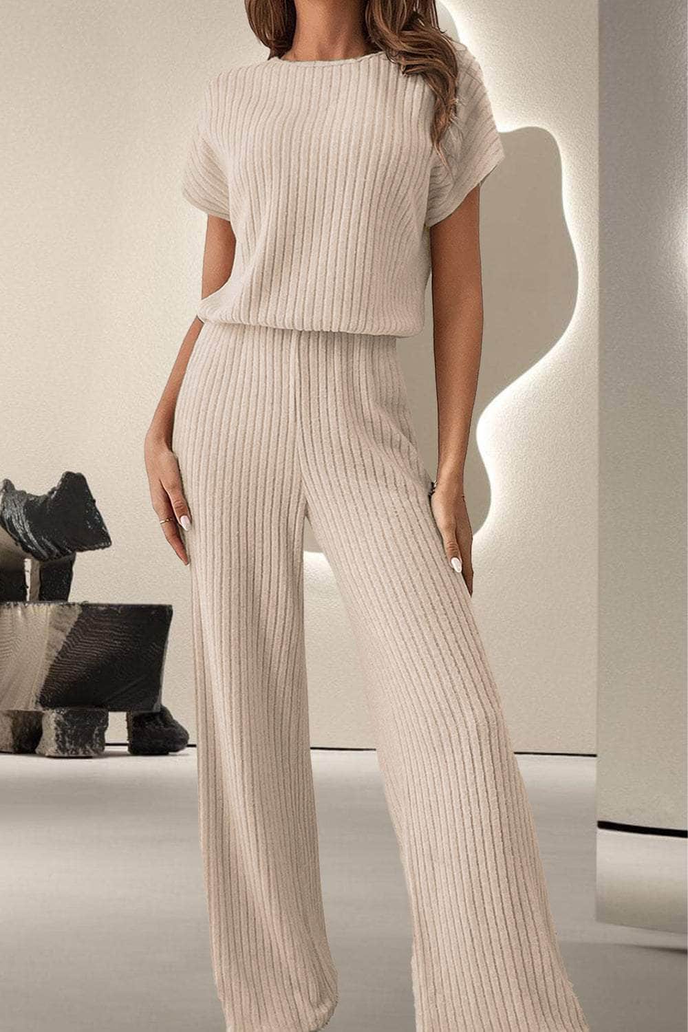 Round Neck Short Sleeve Jumpsuit Cream / S