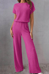 Round Neck Short Sleeve Jumpsuit Hot Pink / S