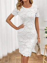 Round Neck Short Sleeve Lace Dress White / S