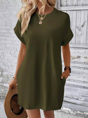 Round Neck Short Sleeve Mini Dress Army Green / S