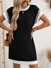 Round Neck Short Sleeve Mini Dress Black / S
