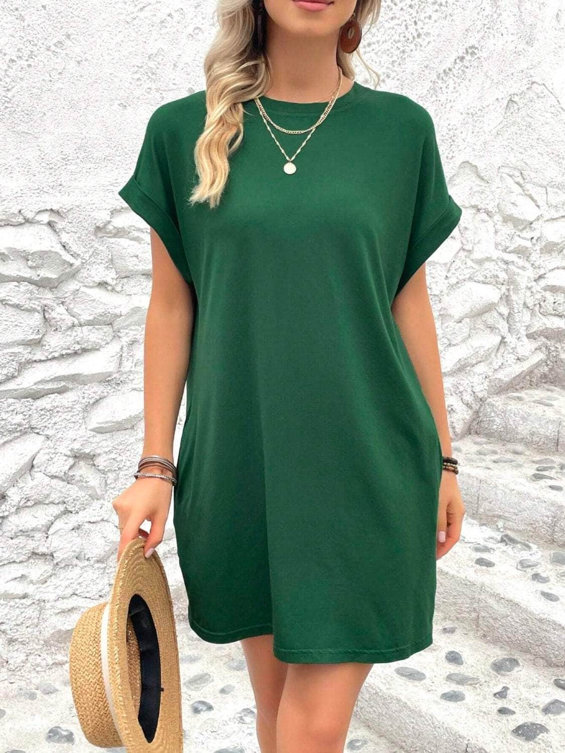 Round Neck Short Sleeve Mini Dress Dark Green / S