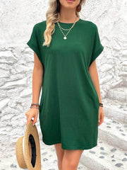 Round Neck Short Sleeve Mini Dress Dark Green / S