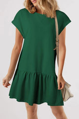 Round Neck Short Sleeve Mini Dress Dark Green / S