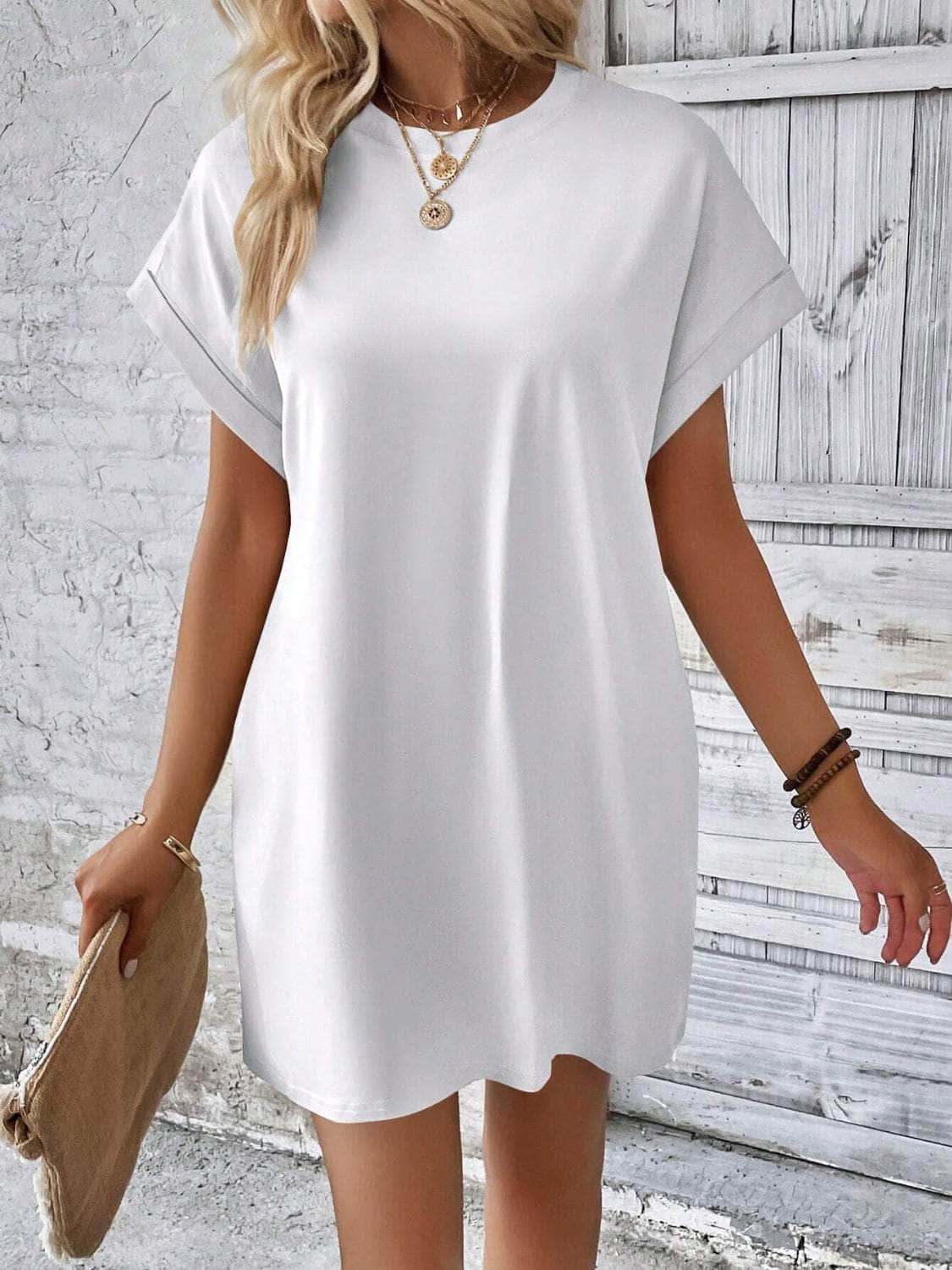 Round Neck Short Sleeve Mini Dress White / S